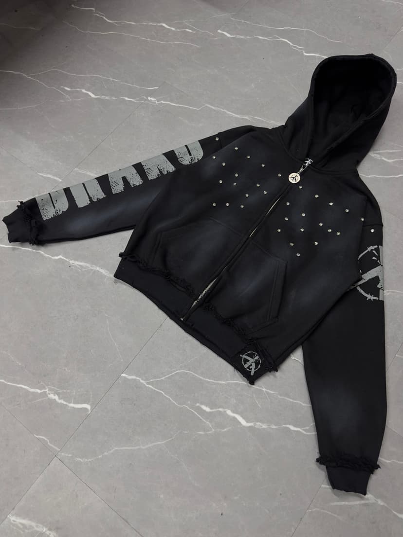 Studded & Washed Black Zip Hoodie