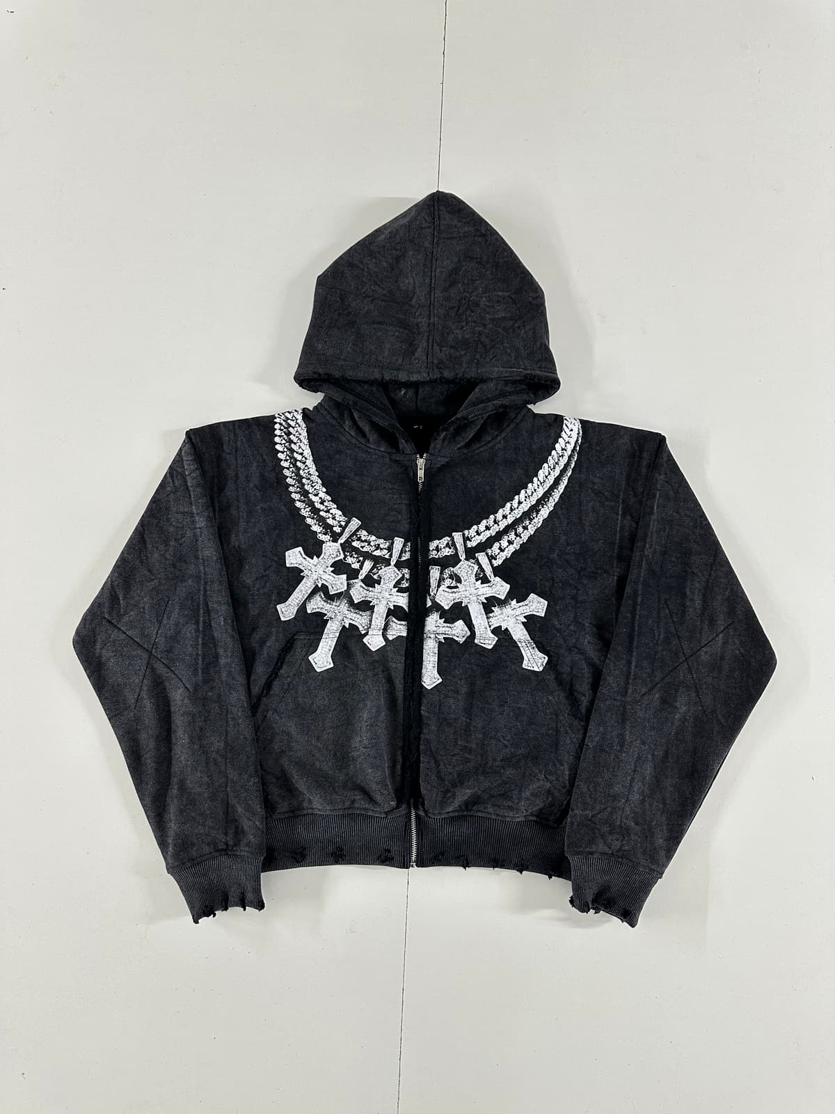 Cross Chain Acid-Wash Zip Hoodie