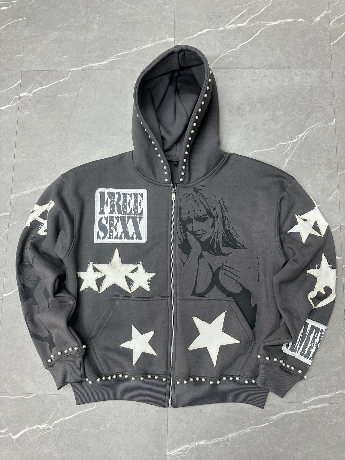 Grey Star & Pin-Up Studded Hoodie